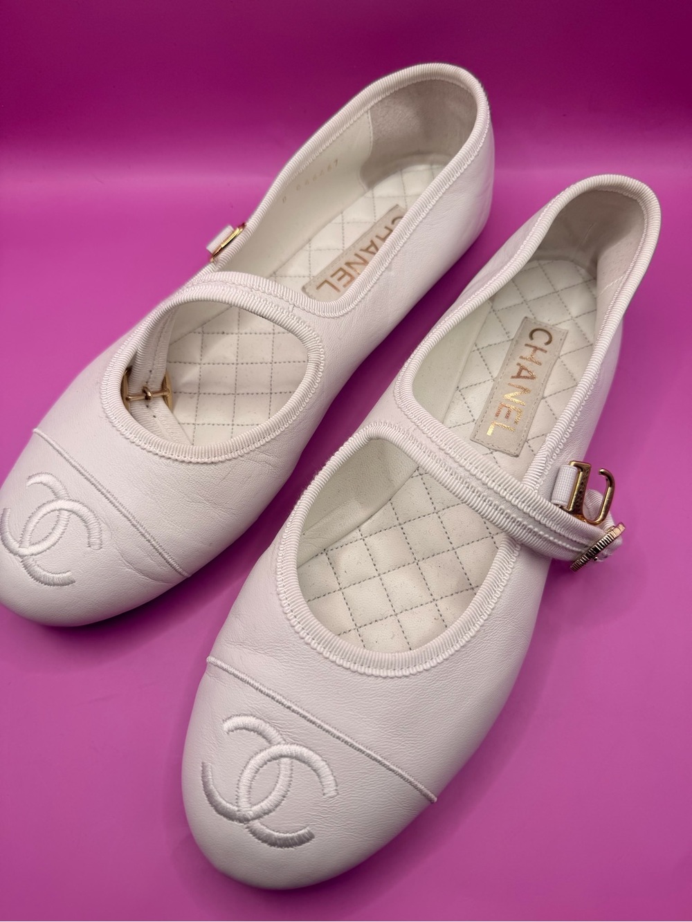 CHANEL Pink Leather Mary Jane Flats with Gold Buckle